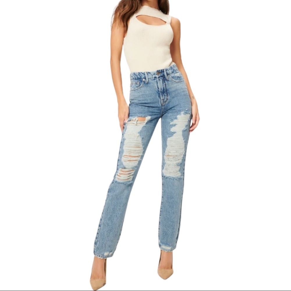 Good American Good Boy Shredded High Waist Boyfriend Jeans in Blue (4)
